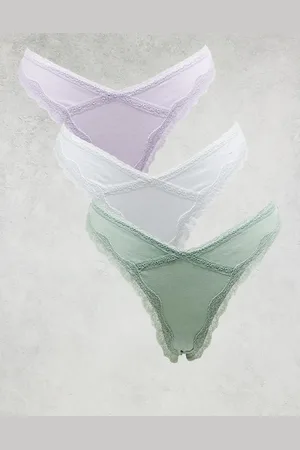 ASOS Viv 3 pack high leg thong with lace trim in lilac, sage & white