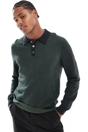 Paul Smith Long sleeve knit polo with logo in khaki
