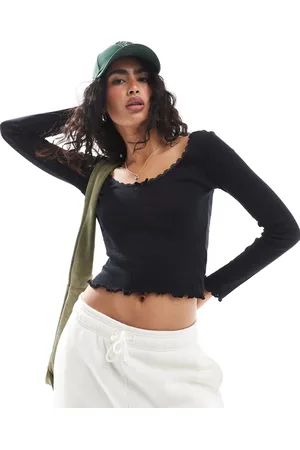 Brave Soul Pointelle long sleeve top with bow detail in