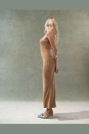 ASOS Scooped halter neck midi dress in lazer cut hotfix in tan