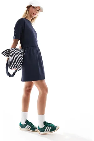 Miss Selfridge Short sleeve t-shirt poplin hybrid smock mini dress in navy