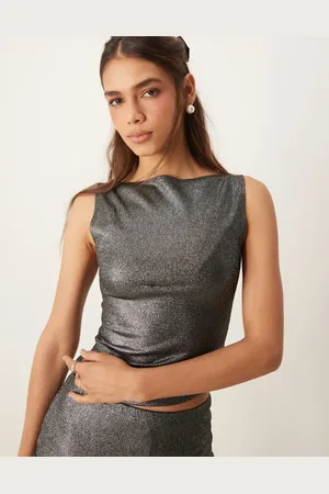 Miss Selfridge Gold shimmer foil slash neck top