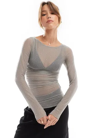 JJXX Long sleeve mesh top in rhinestone