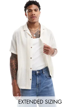 ASOS Relaxed revere shirt in stone basket stripe