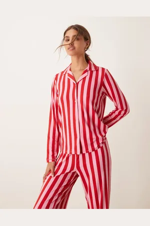 Urban Threads Christmas poly long sleeve revere and trouser pyjama set in pink and red stripe print