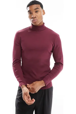 ASOS Muscle fit long sleeve rib t-shirt with roll neck in burgundy