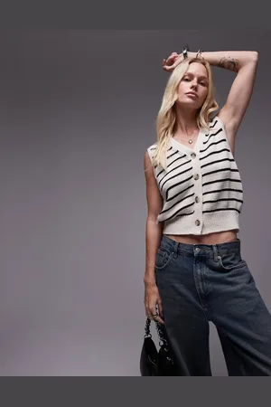 Topshop Knitted stripe chunky waistcoat in mono