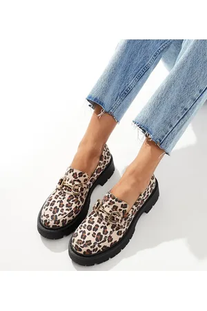 London Rebel London Rebel Perdy wide fit metal trim chunky loafers in leopard