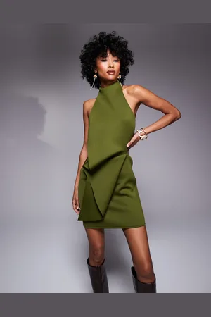 ASOS Scuba mini dress with halter neck and fold back detail in khaki