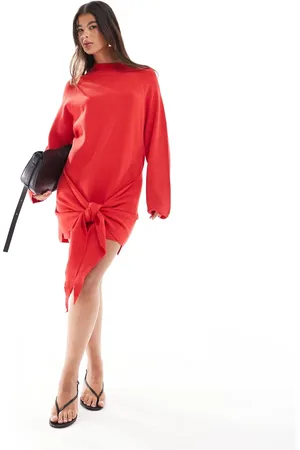 SNDYS Premium knitted knot front drape detail mini jumper dress in