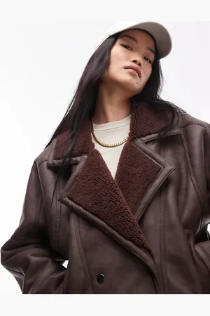 Topshop Shearling jacket in burgundy