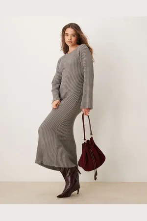 Y.A.S Ribbed maxi dress with tie back waist and fluted sleeves in