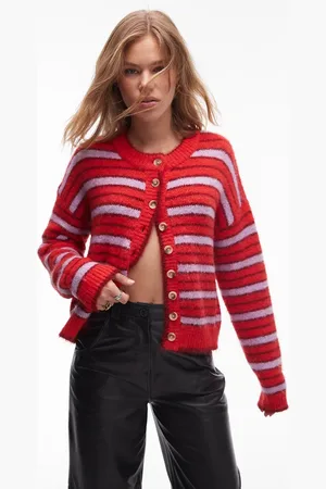 Topshop Knitted oversized boxy stripe cardigan in red and lilac