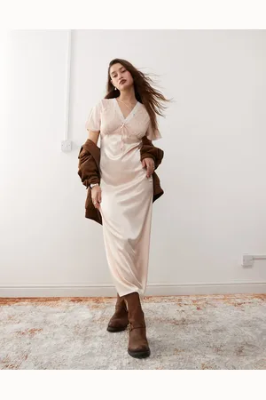 Reclaimed Satin midi dress with lace trim in mauve
