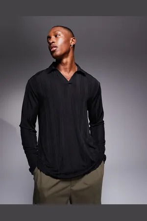 ASOS Long sleeve polo in sheer rib with deep v neck