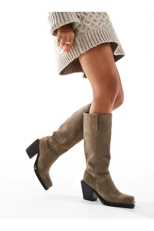ASOS Celia leather western pull on boots in taupe suede