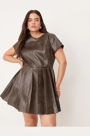 ASOS ASOS DESIGN Curve faux leather seamed mini dress with pleat hem in chocolate