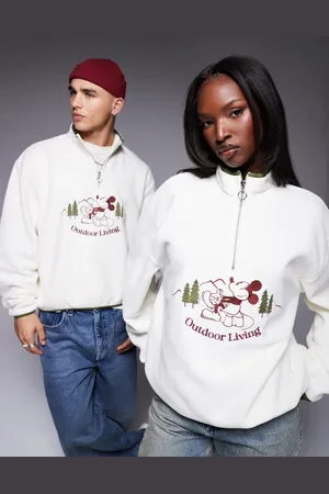 ASOS Disney unisex boxy oversized funnel neck fleece sweatshirt with Mickey Mouse embroidery in beige