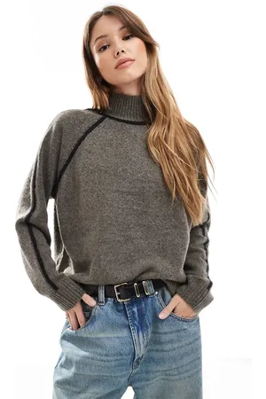 Pieces® High neck jumper with contrast seam detail in