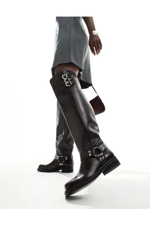 Public Desire Sagitarrius flat over the knee harness boots in burgundy