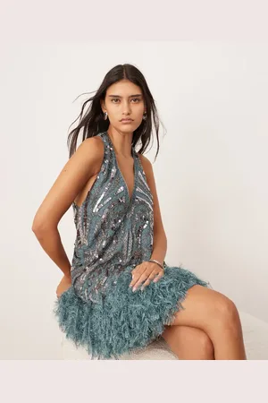 ASOS Embellished plunge neck mini dress with faux feather hem in blue