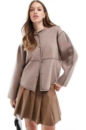 Y.A.S Contrast stitch knitted bomber jacket in mushroom