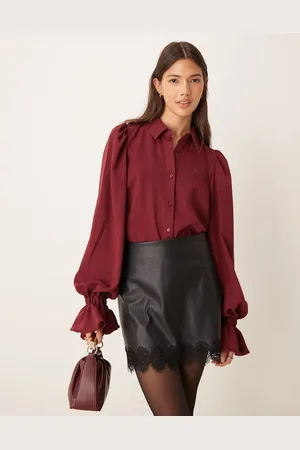 ASOS Volume sleeve ruffle soft cuff shirt in burgundy