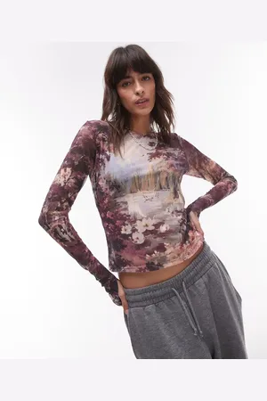 & OTHER STORIES Mesh jersey long sleeve top with thumbhole detail in landscape print