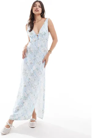 ASOS Tie front maxi slip dress in blue check floral print