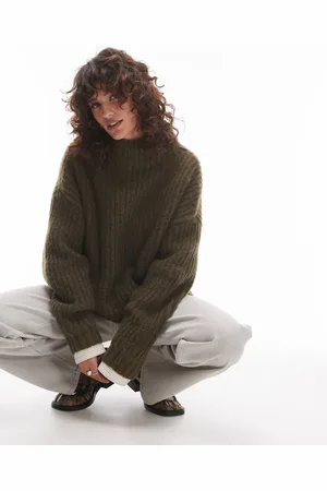 Topshop Knitted fluffy high neck oversized jumper in khaki