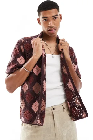 Abercrombie & Fitch Pattern crochet knit button up polo in burgundy