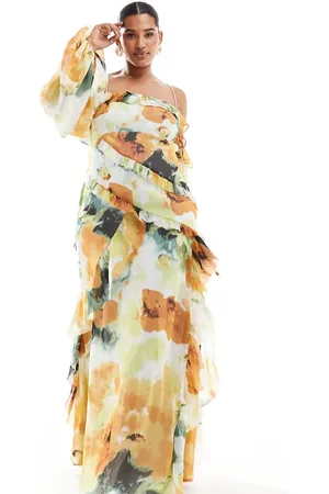 ASOS ASOS DESIGN Curve cami strap cold shoulder maxi dress with ruffles in abstract floral print