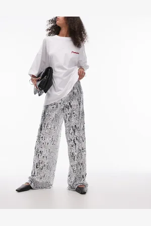 Topshop Sequin wide leg trouser in silver