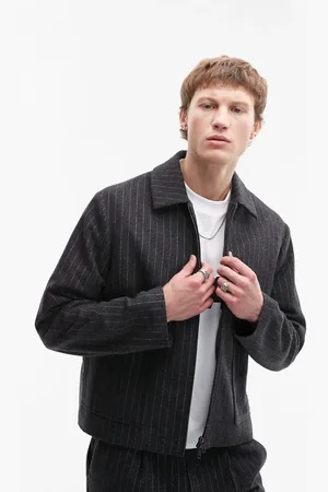 Topman Premium pinstripe wool blend harrington in charcoal