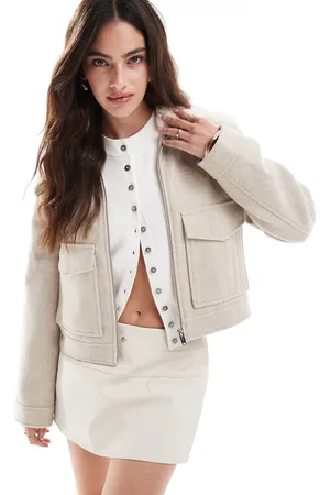 Stradivarius Borg collar trucker jacket in beige