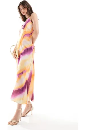 Y.A.S Y.A.S satin v neck maxi dress in sunset watercolour stripe