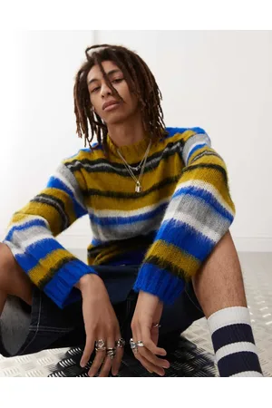 COLLUSION Brushed oversized fluffy striped crew neck jumper in yellow stripe