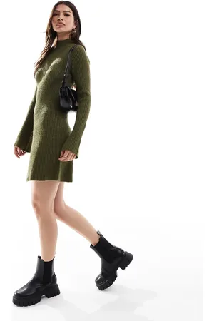 Miss Selfridge Funnel neck knit swing mini dress in khaki