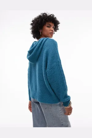 Topshop Knitted fluffy cable hoodie in teal