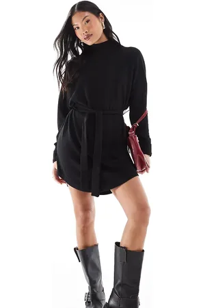 Noisy May Tie waist high neck knitted mini jumper dress in