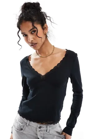 ASOS V neck long sleeve top with lace detail in black