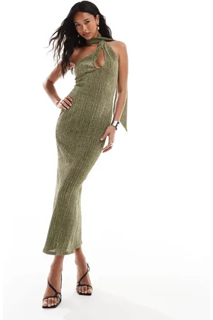 ASOS Metallic pleat one shoulder maxi dress with neck tie in