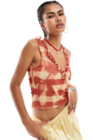 Reclaimed Mesh tie front top in printed check and floral