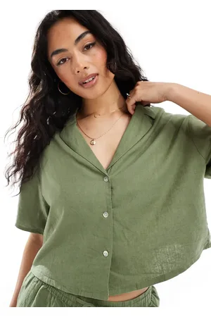 Pull&Bear Short sleeve linen shirt co-ord in khaki