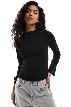 Brave Soul Long sleeve high neck top with lettuce hem in black