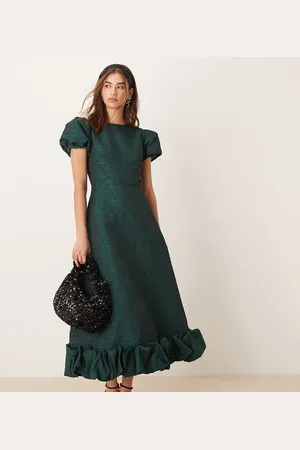 Sister Jane Exclusive puff sleeve bubble hem midaxi dress in forest