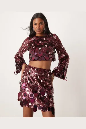 ASOS Embellished sequin long sleeve crop top co-ord in burgundy