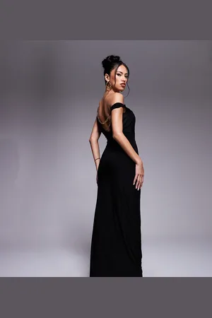 Fashionkilla Exclusive slinky double sculpted off shoulder chain detail low back maxi dress in