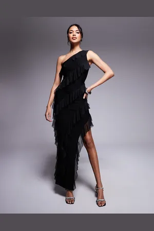 Fashionkilla Ruffle detail one shoulder maxi thigh split dress in