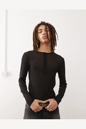 COLLUSION Long sleeve henley top in tissue mesh